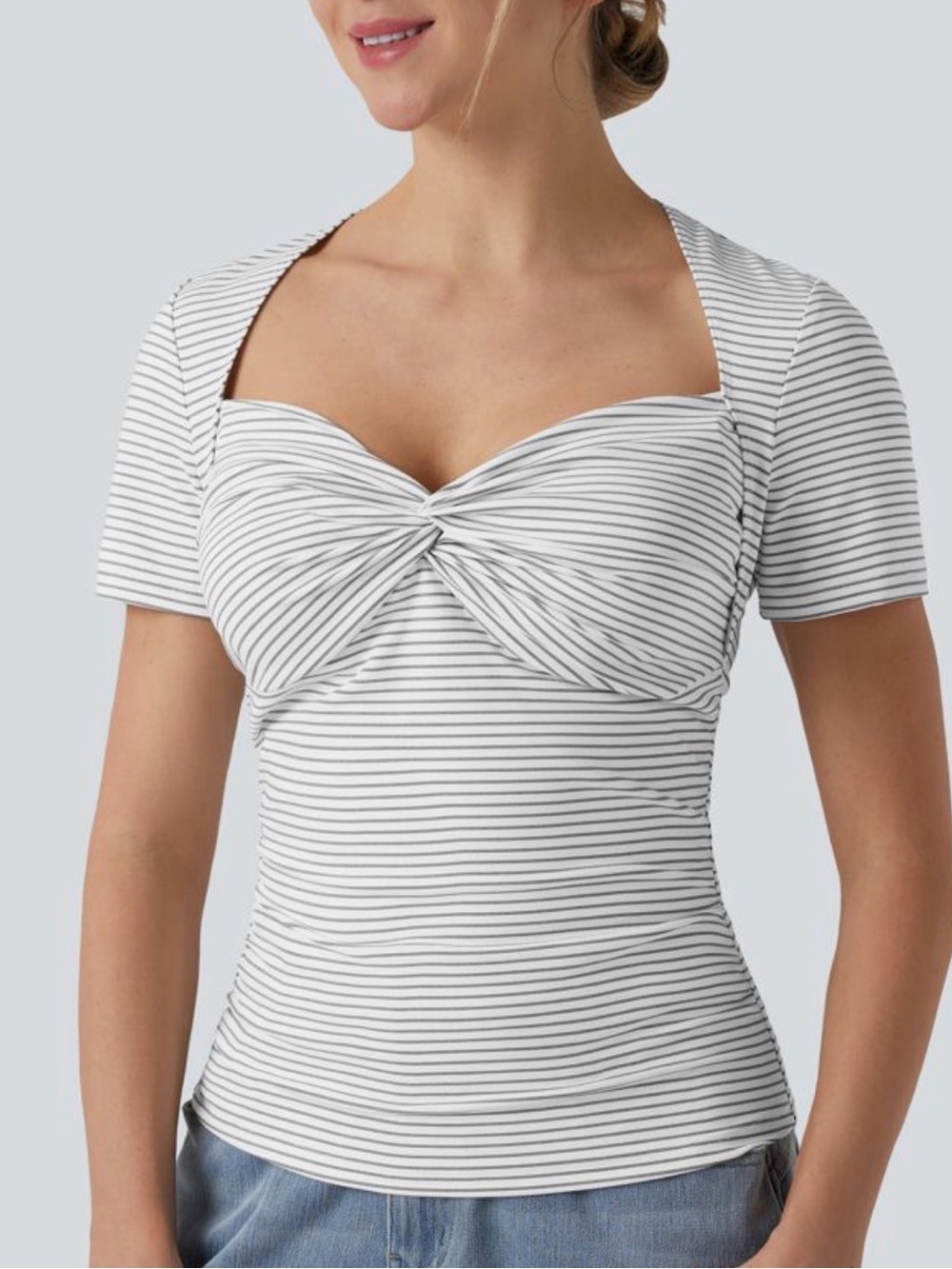 HALARA Queen Anne neckline White and Black Striped Twist-Front Crop Top - Picture 4 of 4